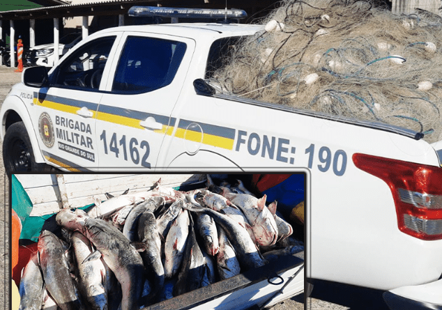 Policiais ambientais apreenderam cerca de 495 quilos de pescado e 2,7 mil metros de rede na Lagoa Tramandaí.